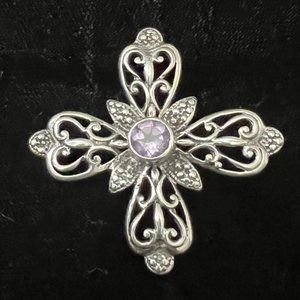 Vintage Sterling Silver Floral with Amethyst center Brooch